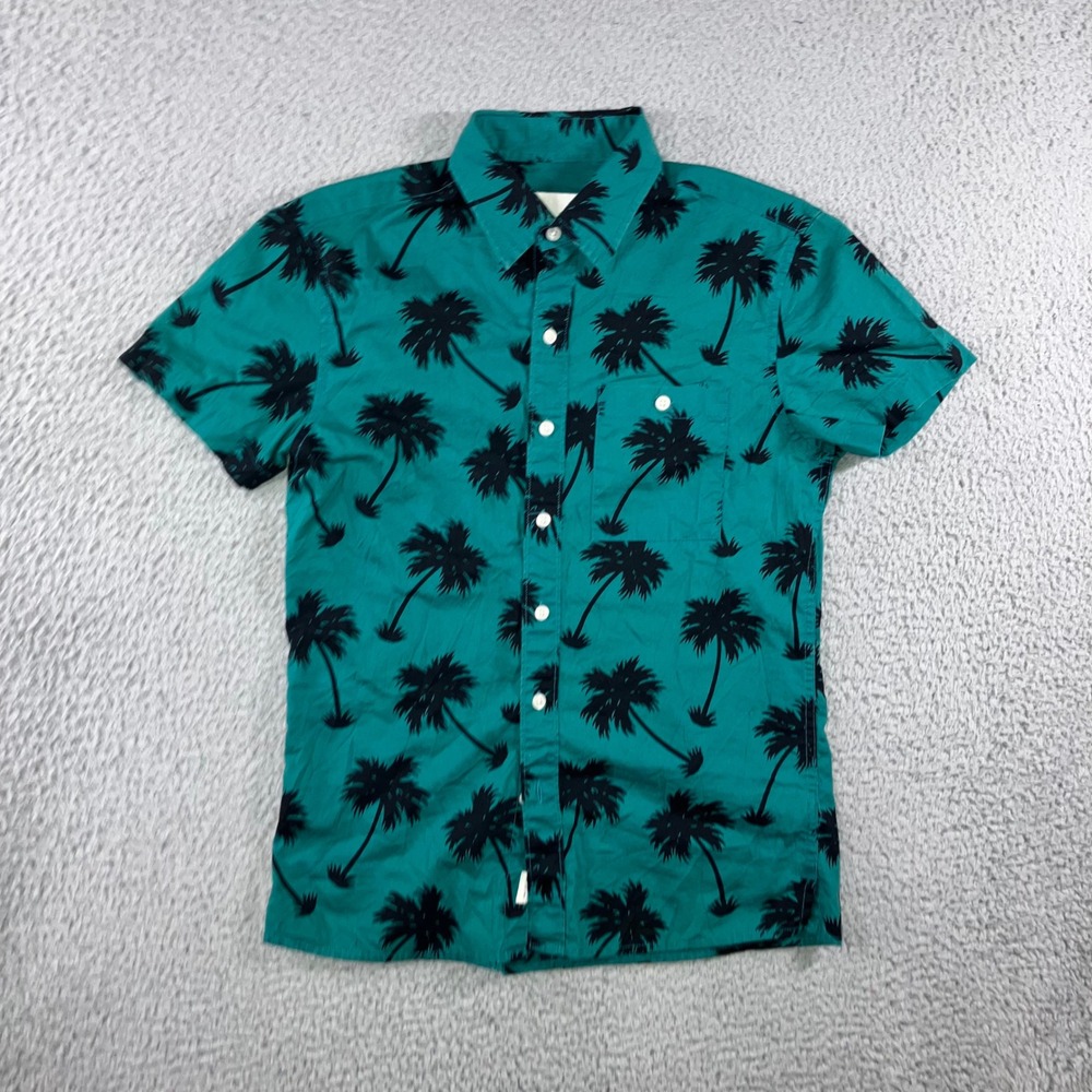 American Eagle Hawaiian Shirt Men XS Teal Palm Tree Print S/S Preppy Beach vaca - Picture 2 of 8